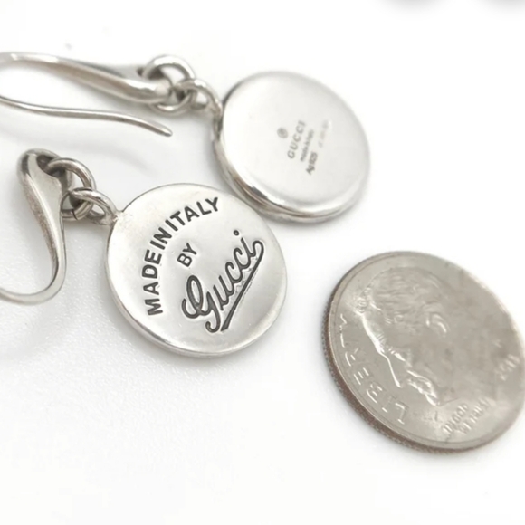 Auth GUCCI Signature Logo Round Tag Sterling Sliver Drop Earrings/New Gorgeous - Picture 7 of 7